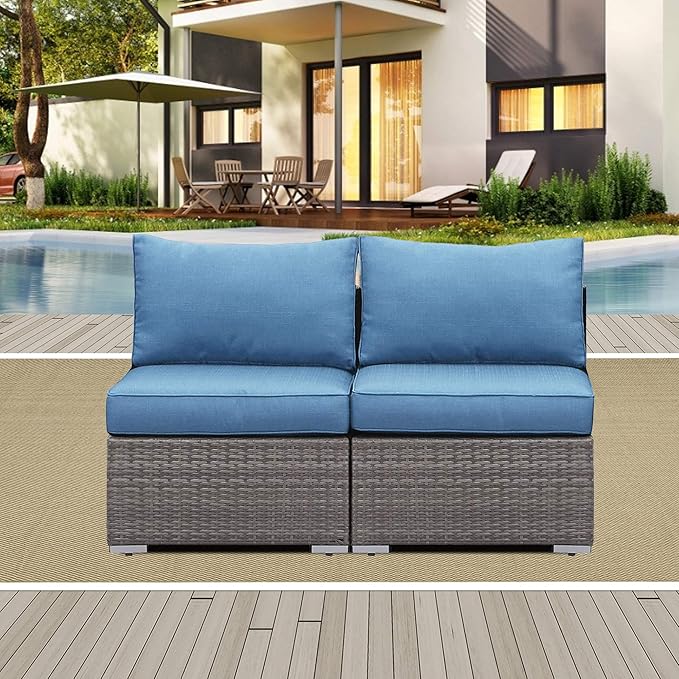 Solaste Wider 2 Pieces Outdoor Sofa, Patio Rattan Sectional Sofa, All-Weather Wicker Armless Patio Loveseat Furniture with Cushion for Porch Balcony Garden Poolside (Blue)