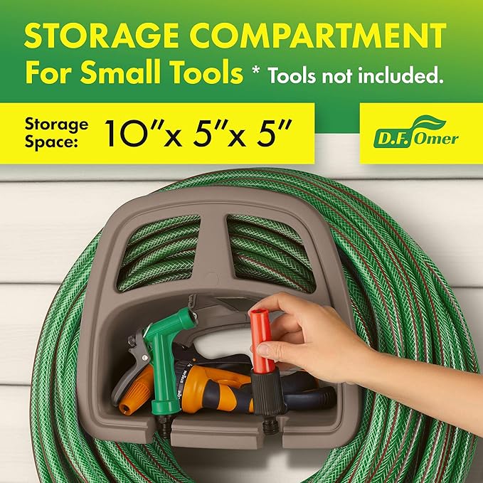 DF OMER Plastic Garden Water Hose Holder, Wall Mount Hose Hanger with Storage Compartment Fits 150 ft. Hose – 10x5x5 in. Weatherproof Hose Hanger for Outside with Shelf for Garden Equipment