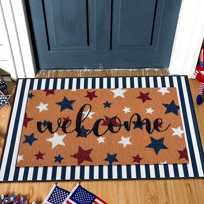 Tinideya 2 Pcs 4th of July Door Mat Patriotic Welcome Non Slip Coir Mats Red Blue White Independence Day Star Stripe Floor Layering Doormats Seasonal for Front Porch Entryway Decor(Patriotic)