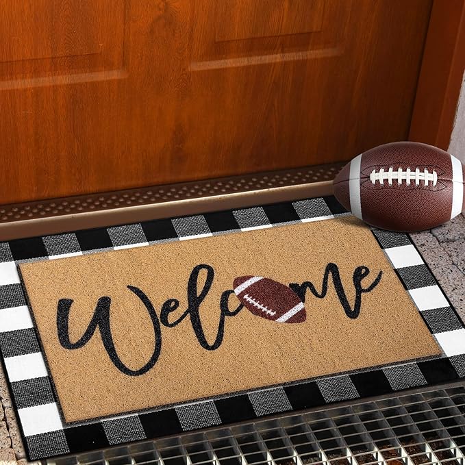Tinideya 2 Pcs Football Door Mat Welcome Non Slip Coir Mats Funny Black White Buffalo Plaid Floor Layering Doormats Seasonal for Front Porch Entryway Decor(Football)
