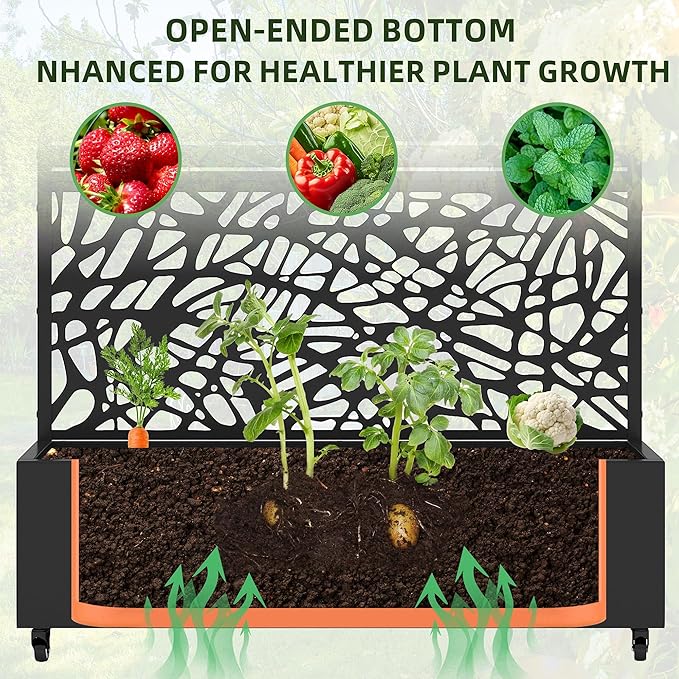 Casaphoria Metal Raised Garden Bed with Trellis and Wheels, 72"x47"x16" Arched Planter Box for Climbing Plants, Vegetables & Vines, Features Drainage Holes and Privacy Screen (Black-Net&Louvered)