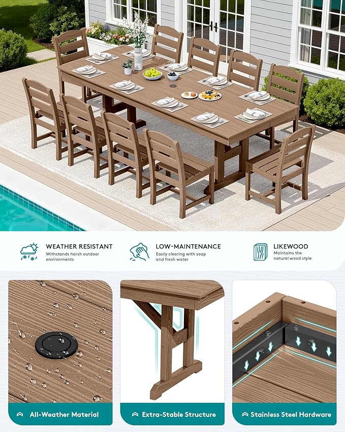 SERWALL Outdoor Dining Table, 84" Rectangular Dining Table for 6-10 Person, All Weather HDPE Outdoor Furniture for Backyard, Garden, Brown
