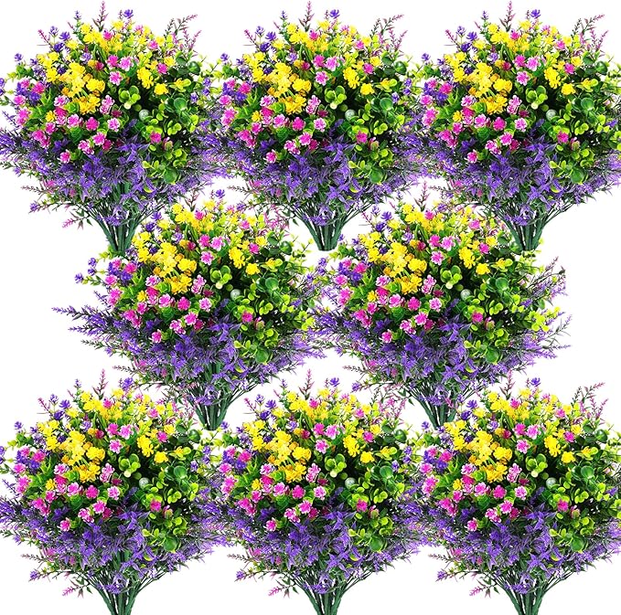 Hananona Artificial Flowers Outdoor, Faux Artificial Plants UV Resistant Plastic Flower Bulk for Hanging Planter Porch Window Home Wedding Fall Summer Decor (48, Fuchsia, Purple, Yellow, Green)