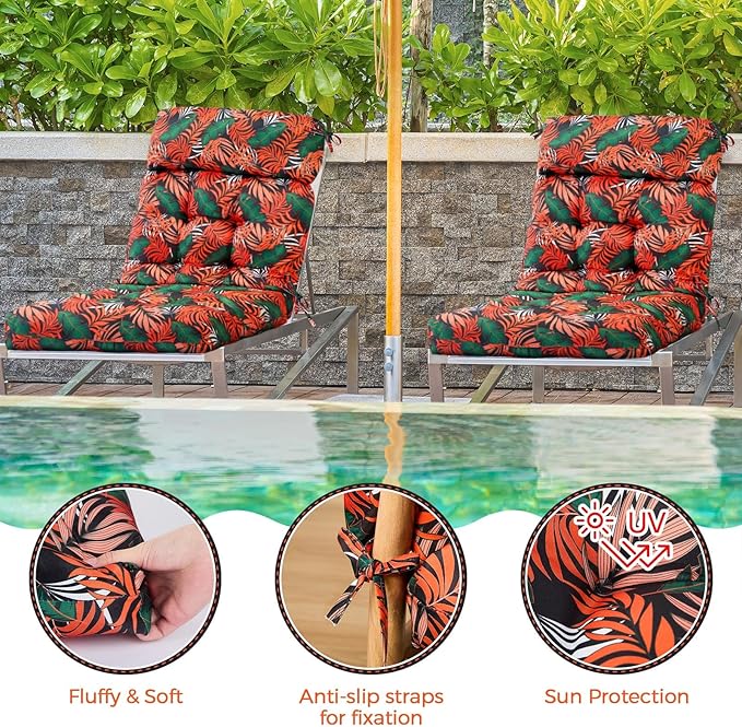 Barydat 4 Pcs Tufted High Back Chair Cushion Indoor Outdoor Seat and Back Cushions Palm Leaves Tropical Plants Lawn Rocking Chair Pads with Ties for Adirondack Patio Garden(Orange Green)