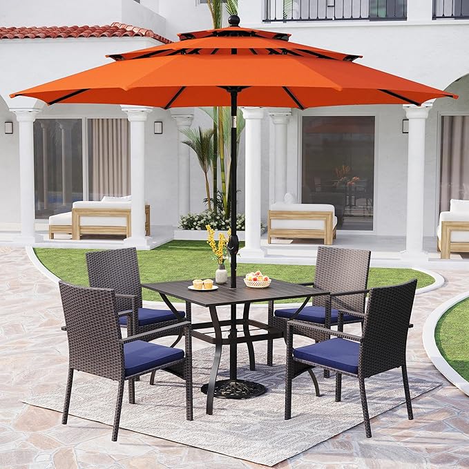 PHI VILLA 5 Piece Outdoor Dining Set with Umbrella, 37" Square Metal Dining Table & 4 Cushioned Wicker Rattan Chairs with 10ft Red Umbrella for Patio, Deck, Yard, Porch