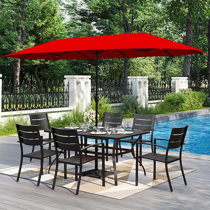 PHI VILLA 7 Pieces Outdoor Dining Set with Umbrella for 6, 60" Rectangular Metal Table & Stacking Wrought Iron Chairs & 13ft Red Umbrella, Outside Large Furniture for Patio, Deck, Porch, Backyard