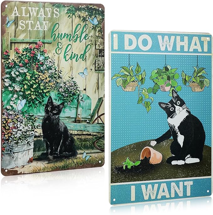 2 Pcs Funny Metal Tin Garden Sign 12'' x 8'' Gifts for Plant Lovers Women Grandma Mom Garden Decor Metal Tin Sign for Farmhouse Greenhouse Patio Yard Wall Decor Indoor Outdoor(Cute Cat)