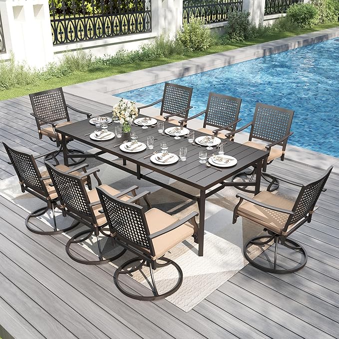 PHI VILLA 9 Pieces Outdoor Dining Set for 8, 83" Rectangular Metal Dining Table with Umbrella Hole & Swivel Wrought Iron Chairs with Cushions, Large Furniture Set for Patio, Deck, Yard, Porch
