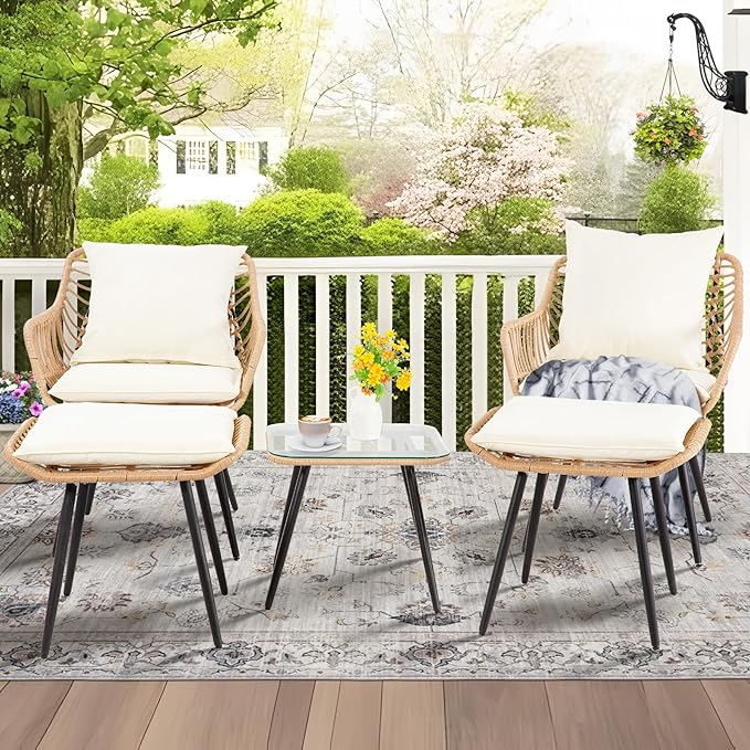 5 Piece Patio Furniture Set, Outdoor Wicker Small Conversation Bistro Set, All-Weather PE Rattan Chairs with Ottoman & Coffee Table, Ideal for Balcony Porch Deck Yard Poolside (Yellow/Beige)