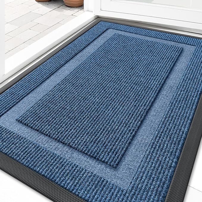 OLANLY Front Door Mat Indoor Outdoor Entrance, Waterproof All-Season, All-Weather Doormat, Sturdy Natural Rubber, Fade Resistant, Low Profile, Easy Clean Patio Porch Entryway Mat, 29.5x17, Light Blue