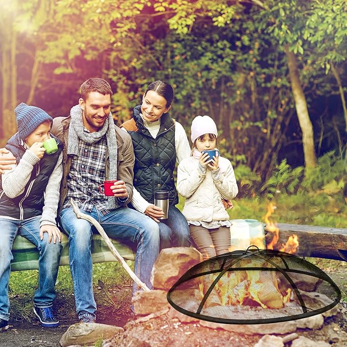 Round Fire Pit Spark Screen Cover,Outdoor Patio Mesh FirePit Screens Guard,Heavy Duty Steel Domed Fire Pit Ember Lid with Handle,22Inch Diameter