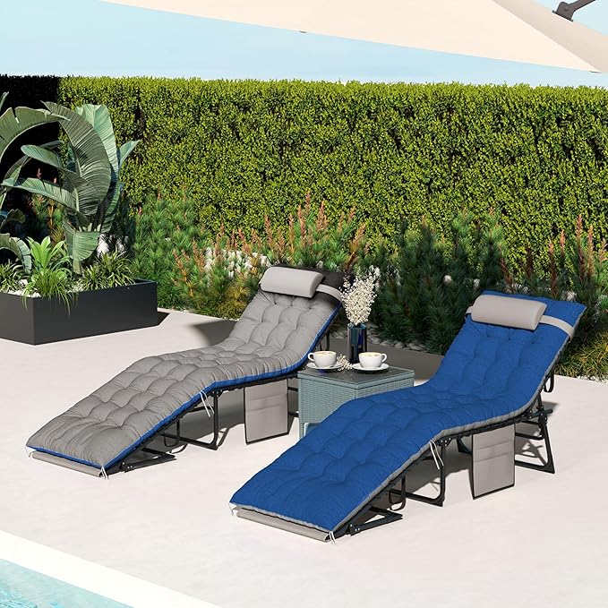 Outsunny Chaise Lounge Chair Outdoor Set of 2, 5-Position Adjustable Outdoor Pool Lounge Chairs, Folding Tanning Chair Beach Lounger with Cushion, Headrest, Side Pocket for Patio, Yard, Brown/Blue