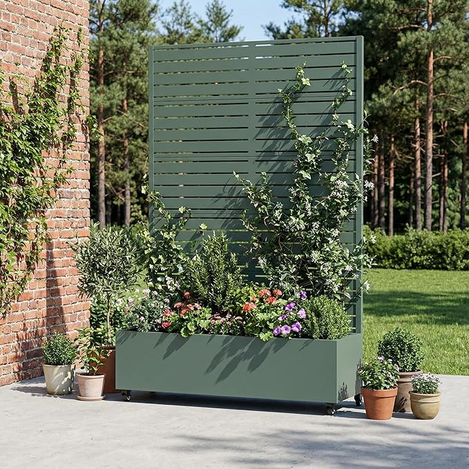 Casaphoria Metal Raised Garden Bed with Trellis and Wheels, 72"x47"x16" Planter Box for Climbing Plants, Vegetables & Vines, Features Drainage Holes and Privacy Screen, Drak Green-Louvered