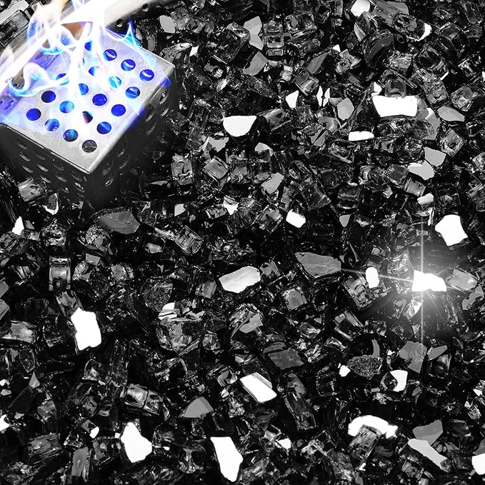 NUPICK 5 Pound Fire Glass, 1/4 Inch Reflective Fire Pit Glass, Tempered Firepit Glass Rock for Propane or Natural Gas, Glass Rocks for Fire Pit Table, Fireplace Glass for Landscaping, Black