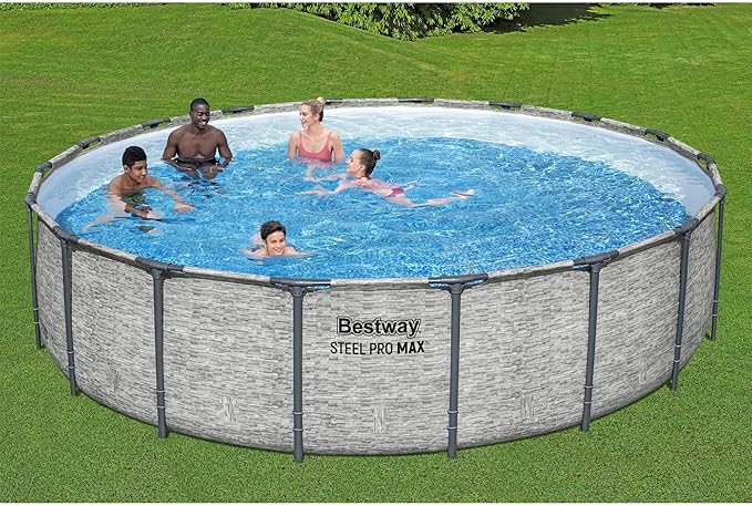 Bestway Steel Pro MAX 18' x 48" Above Ground Pool, Round Metal Frame Outdoor Swimming Pool Set with Filter Pump, Ladder, and Cover, Stack Stone