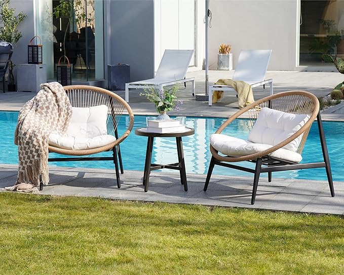 Grand patio 3-Piece Outdoor Furniture Set, Wicker Oversized Patio Chairs with Side Table & Thick 4.75" Cushions for Backyard, Garden, Deck