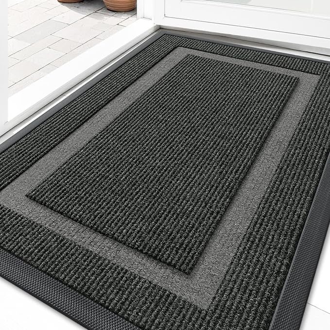 OLANLY Front Door Mat Indoor Outdoor Entrance, Waterproof All-Season, All-Weather Doormat, Sturdy Natural Rubber, Fade Resistant, Low Profile, Easy Clean Patio Porch Entryway Mat, 71x34, Black