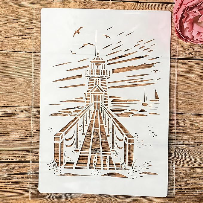 TIAMECH A4 Reusable Coast Lighthouse Stencil for Painting - Beach Seaside Boardwalk Layering Template, DIY Wall Art, Wood Furniture, Scrapbook & Crafts (8.3x11.7inch)