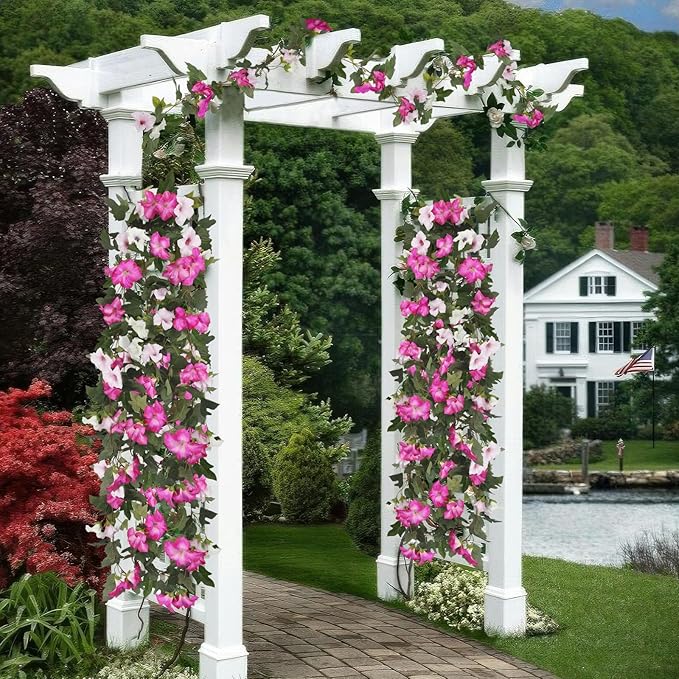 CISDUEO 2Pcs Artificial Vines for Outdoors Silk Morning Glory Garland 11.5Ft Hanging Flowers Plants Fake Petunias Vines for Indoor Home Decor Wall Fence Mantle Stairway Mailbox Rose Red Pink and White