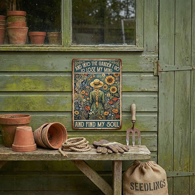Van Gogh Style Garden Tin Sign - "Into The Garden I Go" Inspirational Metal Plaque with Sunflowers & Girl - 8x12 Aluminum Wall Decor - Metal Sign Artistic Garden Art for Shed, Gardeners, Mom, Women