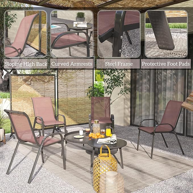 Outsunny Outdoor Dining Chairs Set of 4, Stackable Patio Dining Chairs, High Back Outdoor Patio Chairs with Breathable Mesh Seat, Metal Frame for Garden Lawn Backyard, Brown