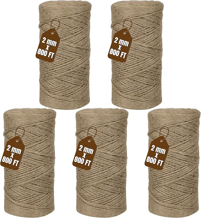 Jute Twine 2mm 4000 Feet Long Natural Jute Twine String for Garden, Crafts, Plant Tying, Gift Packing, DIY Projects(5Rolls, 800Feet/Roll)