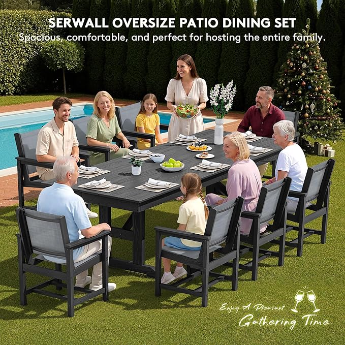 SERWALL 9 Piece Outdoor Dining Set, 84" HDPE Outdoor Table and Chairs for 8，All Weather Patio Furniture Set with Umbrella Hole for Backyard, Garden, Black