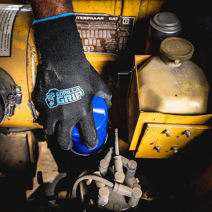 Gorilla Grip Work Gloves, Never Slip Maximum Grip All-Purpose, Gloves for Men, Superior in Wet, Dry, Oily Conditions, Polymer Palm, Medium Size, 25 Pairs, Black/Blue | 25047-25