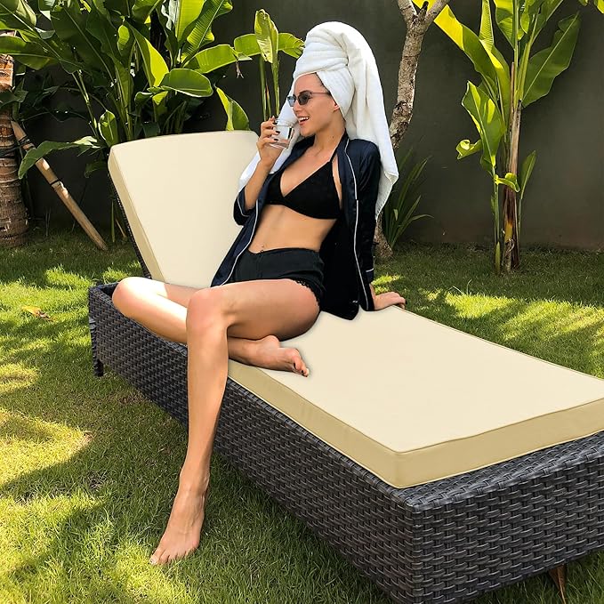 Chaise Lounge Cushion for Outdoor Furniture, Waterproof Fade and Tear Resistant Lounge Deck Chair Cushions for Patio Lawn Pool Resort Hotel, 80x26x3 Inch, Beige