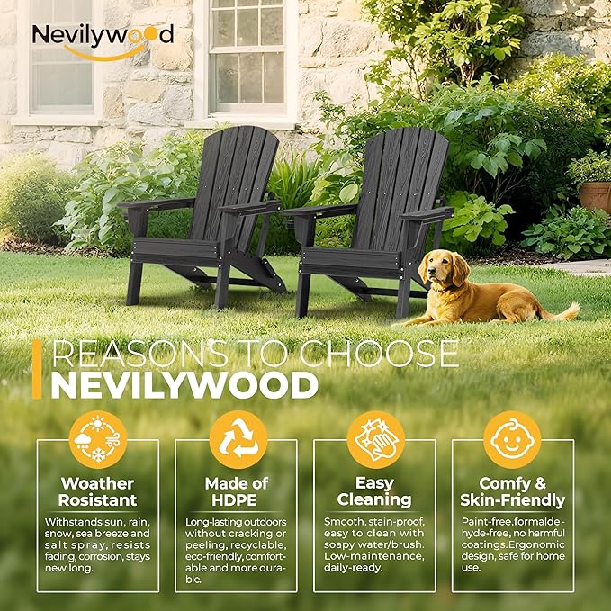 nevilywood Folding Adirondack Chair - Extended Ergonomic Backrest, Cup Holder - Easy Assembly - Durable HDPE Plastic, Weather Resistant & Maintenance-Free - Lawn, Patio, Deck Supports 380lbs Black