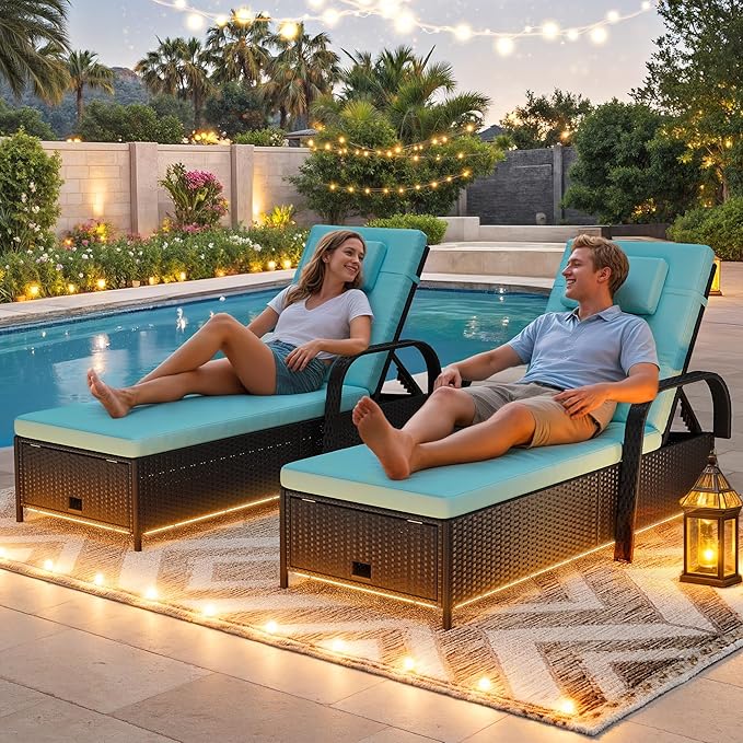 DWVO LED Outdoor Lounge Chairs, Patio Wicker Chaise Lounge Chair with LED Lights & 5-Level Backrest, Wheels and Storage for Deck, Pool, Backyard, Black & Blue