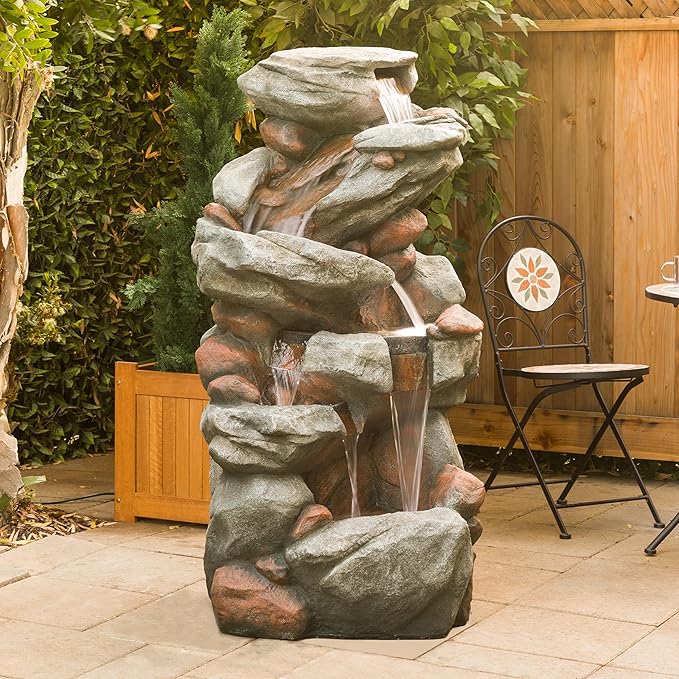 Alpine Corporation WIN1548 Outdoor Floor Cascading Stone Fountain with LED Lights, Tiered Garden Water Fountain, 53" H, Gray