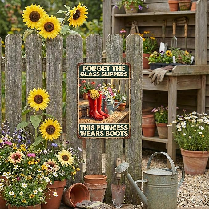 Country Girl Tin Sign - "This Princess Wears Boots" Inspirational Garden Decor - Metal Sign Vintage Red Rain Boots & Flowers Farmhouse Wall Art - 8x12 Aluminum Plaque for Shed, Porch, Yard