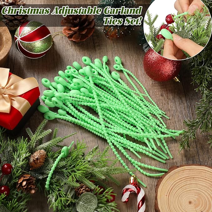 48 Pcs Green Christmas Flexible Garland Ties Assorted Size Adjustable Decorative Soft Ties Reusable Banister Garland Straps for Christmas Tree Mantel Fences Holiday Craft Wrapping