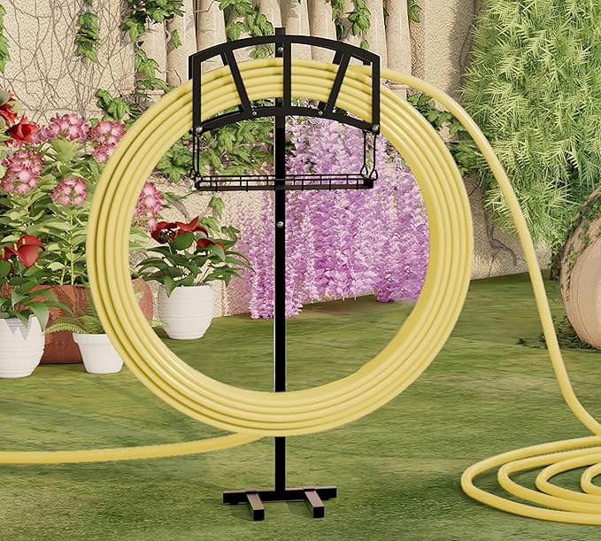 Fire Beauty Garden Hose Holder,Freestanding Water Hose Holder with Storage Basket,In ground Hose Rack Organizer for Outdoor,Detachable Hose Holder Stake,Hose Reel Stand Rack for Outside Lawn Yard