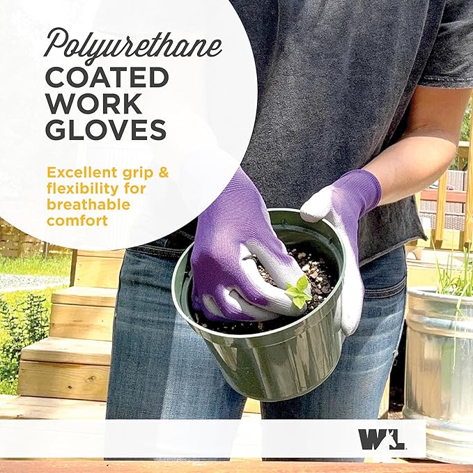 Wells Lamont Gardening Gloves for Women – Breathable Polyester, Seamless Fit – PU-Coated Palm for Grip & Durability – Elastic Wrist – Pink/Green/Purple, Medium, Pack of 3 (413MF)