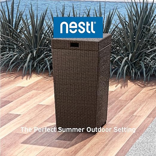 Nestl Outdoor Trash Can with Lid 30 Gallon Wicker Garbage Can for Patio, Brown