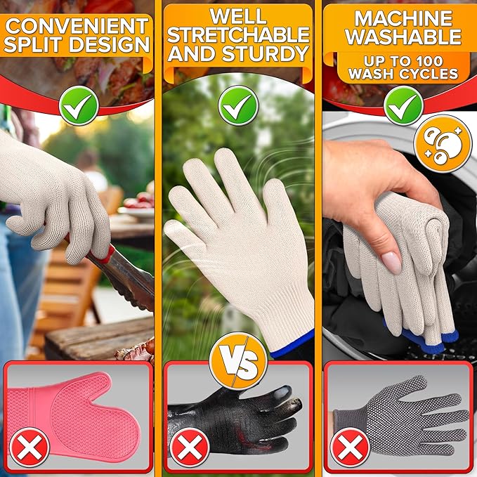 Heat Resistant Gloves for Cooking & Grilling – Aramid Oven Mitts Gloves with Fingers, Thick Knit Design Ensures Short-Term Hand Protection up to 932°F – Secure Grip for Baking, Fryer, and BBQ