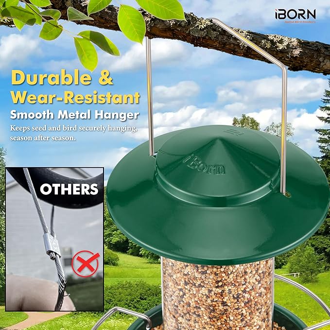 iBorn Bird Feeder Metal Squirrel Chew-Proof Bird Feeders for Outdoors Hanging for Cardinal Outside, Holds 1.5LB Seed with 3 Perchs, Green (Seed is not Included)