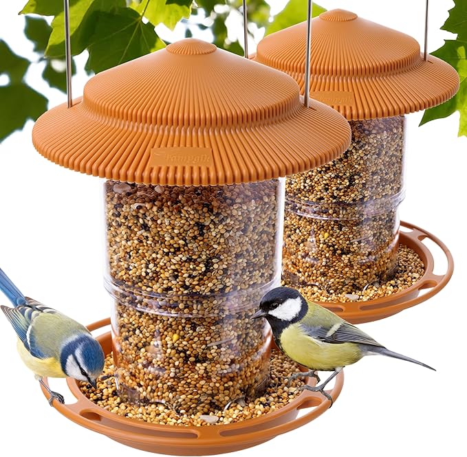 Outdoor Bird Feeder, Retractable Bird Feeder Hanging, Metal Hanger, Rainproof & Leak-Proof, Terracotta, Pack of 2