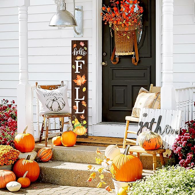 Hello Fall Welcome Sign for Front Porch Standing, Wooden Porch Sign with Leaves for Front Door Decorations, Rustic Farmhouse Hanging Wall Sign for Harvest Thanksgiving Decor 47.2"H