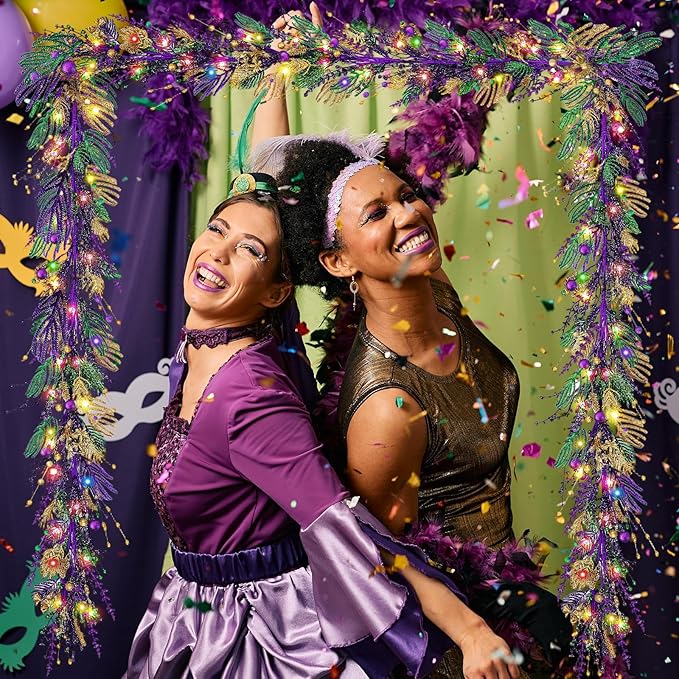 6 Ft Mardi Gras Purple Green Gold Glitter Vine Garland for Front Door Carnival Party Wreath Glitter Hanging Garland Mardi Gras Party Home Decor Garlands for Indoor Outdoor Mantle Staircase Railing
