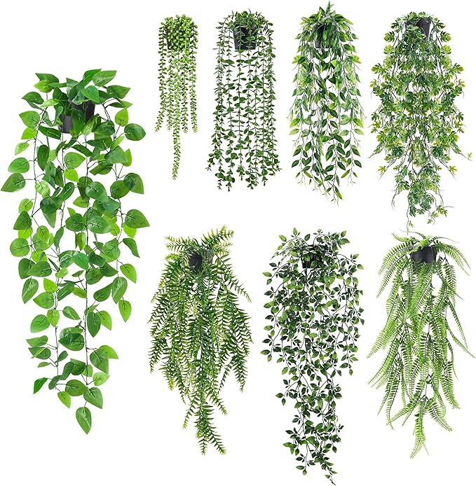 Der Rose 8Pcs Fake Plants Hanging Artificial Ivy Vine Faux Eucalyptus Hanging Plants for Home Boho Wall Shelf Indoor Outdoor Decor (Black Pots)