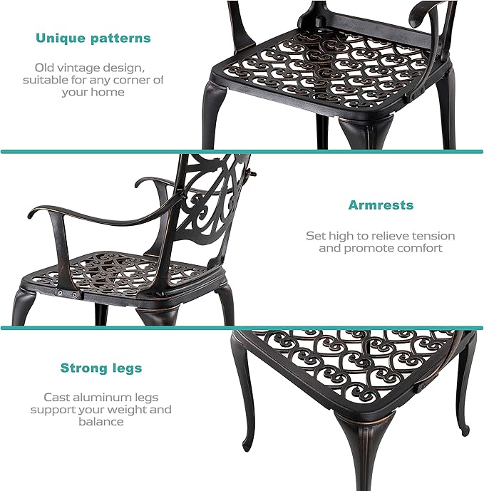 NUU GARDEN 3 Piece Outdoor Bistro Set Cast Aluminum Bistro Table Set Patio Table and Chairs with Umbrella Hole for Backyard, Balcony, Front Porch, Black