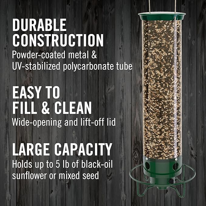 Droll Yankees Squirrel Proof Bird Feeders for Outdoors - YF-M - Flipper, Collapsible Perches, 5-Pound Seed Capacity, Green