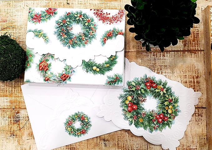 Poster Foundry Christmas Holiday Wreaths Portfolio Boxed Note Cards by Carol Wilson. 10 embossed 4x5 Die-Cut Notecards and Matching Envelopes in Decorative Gift Box with Magnetic Flap. NCPX2367