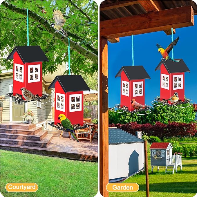 2 Pack Bird House Feeders for Outdoors Hanging - Metal Wild Bird House Feeders with 4 Ports, Country House Design, Garden Yard Decor Weatherproof Outdoor Feeder, (Red)