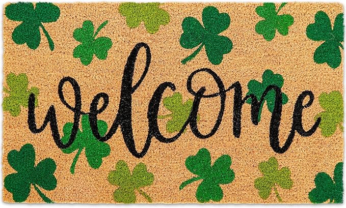 Whaline St. Patrick's Day Natural Coir Door Mat Gradient Green Shamrock Pattern Welcome Mat Non-Slip Lucky Clover Entrance Door Rugs for Indoor Outdoor Home Bathroom Decor, 16.5 x 29 Inch
