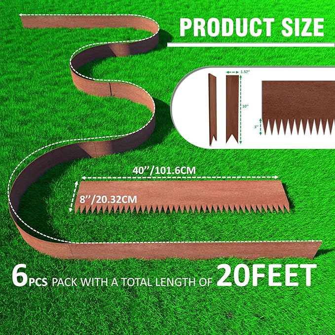 20ft. 6-Pack Cor-Ten Steel Landscape Edging - 40" L x 8" H Lawn Edging with 6 Stakes, Hammer-in Metal Garden Border for Landscaping, Lawn & Yard (Rusted)