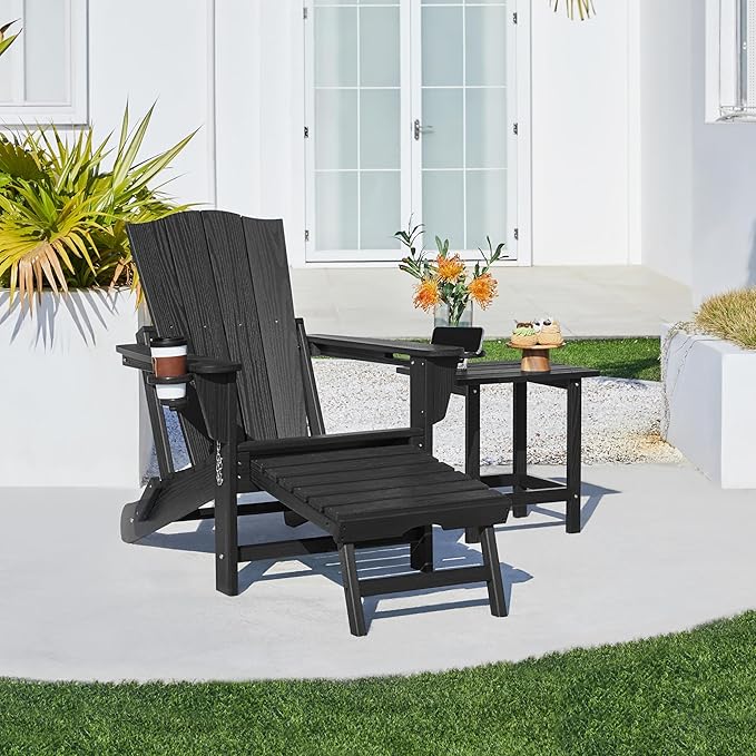 Yaheetech Adirondack Chair with Retractable Ottoman, All Weather Patio Folding Fire Pit Chair with Cup Holder and Phone Holder for Outdoor Poolside, Black